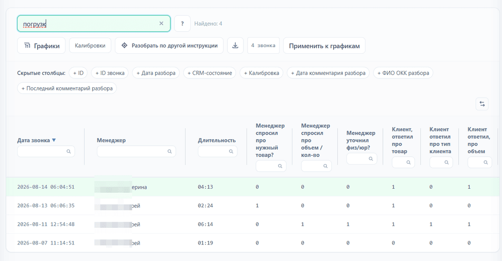 Поиск звонков по слову «погрузка» в списке разговоров